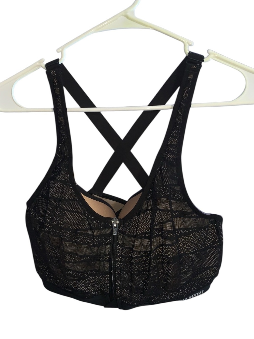 Victoria Sport Black Lace Front-Zip Sports Bra with Crisscross Back